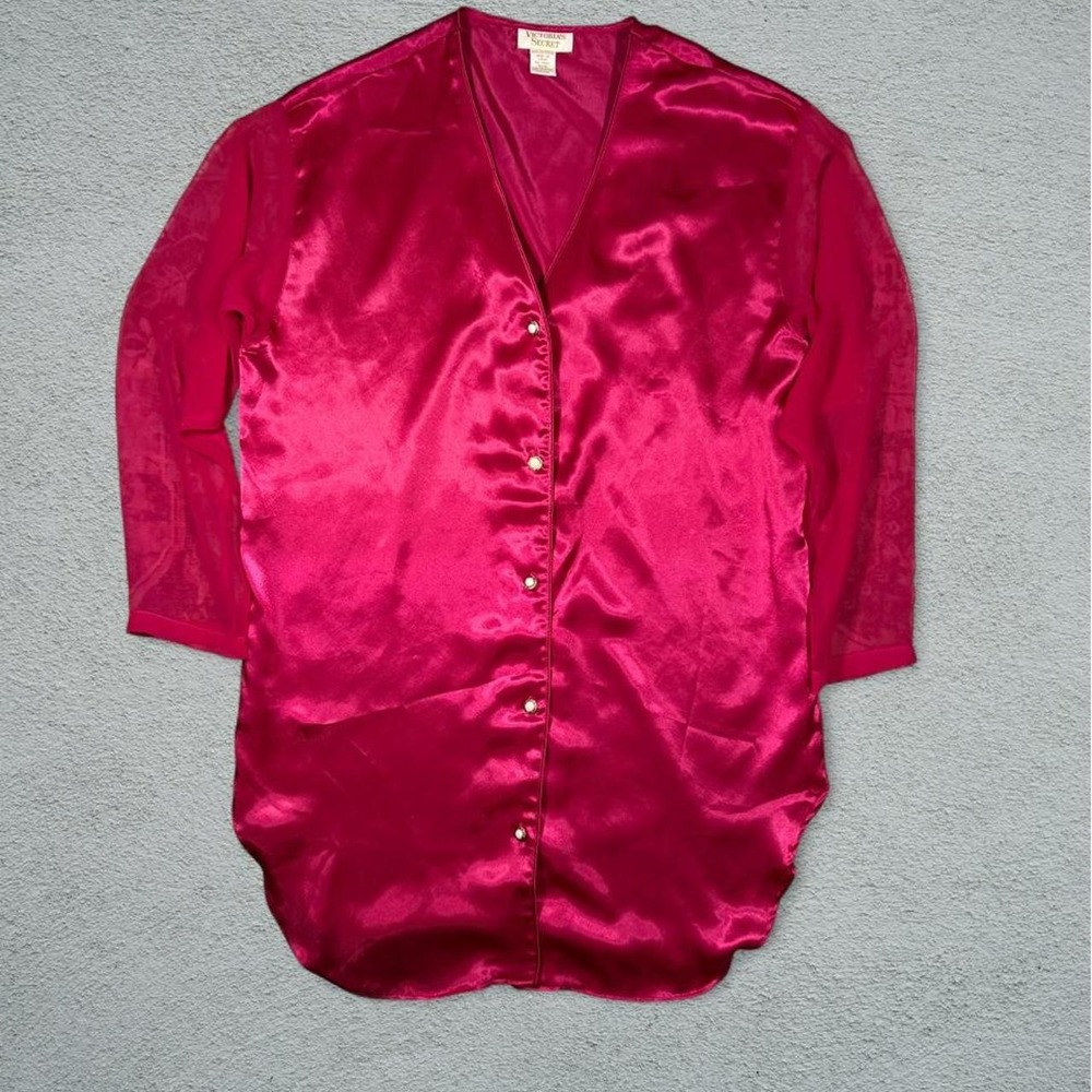 Vintage Victorias Secret Pink Satin Blouse Sheer Long Sleeve V-Neck P/S